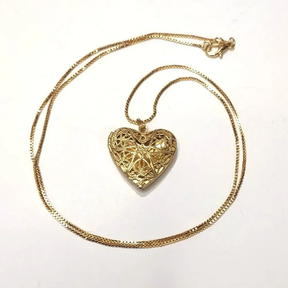 Gold Plated Silver Necklace Heart Locket Star Lattice Valentines Birthday Gift